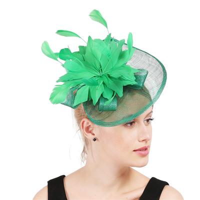 European And American Style Feather Flower Headgear Retro Green Top Hat Hemp Yarn Headband Hairpin Dual-Purpose