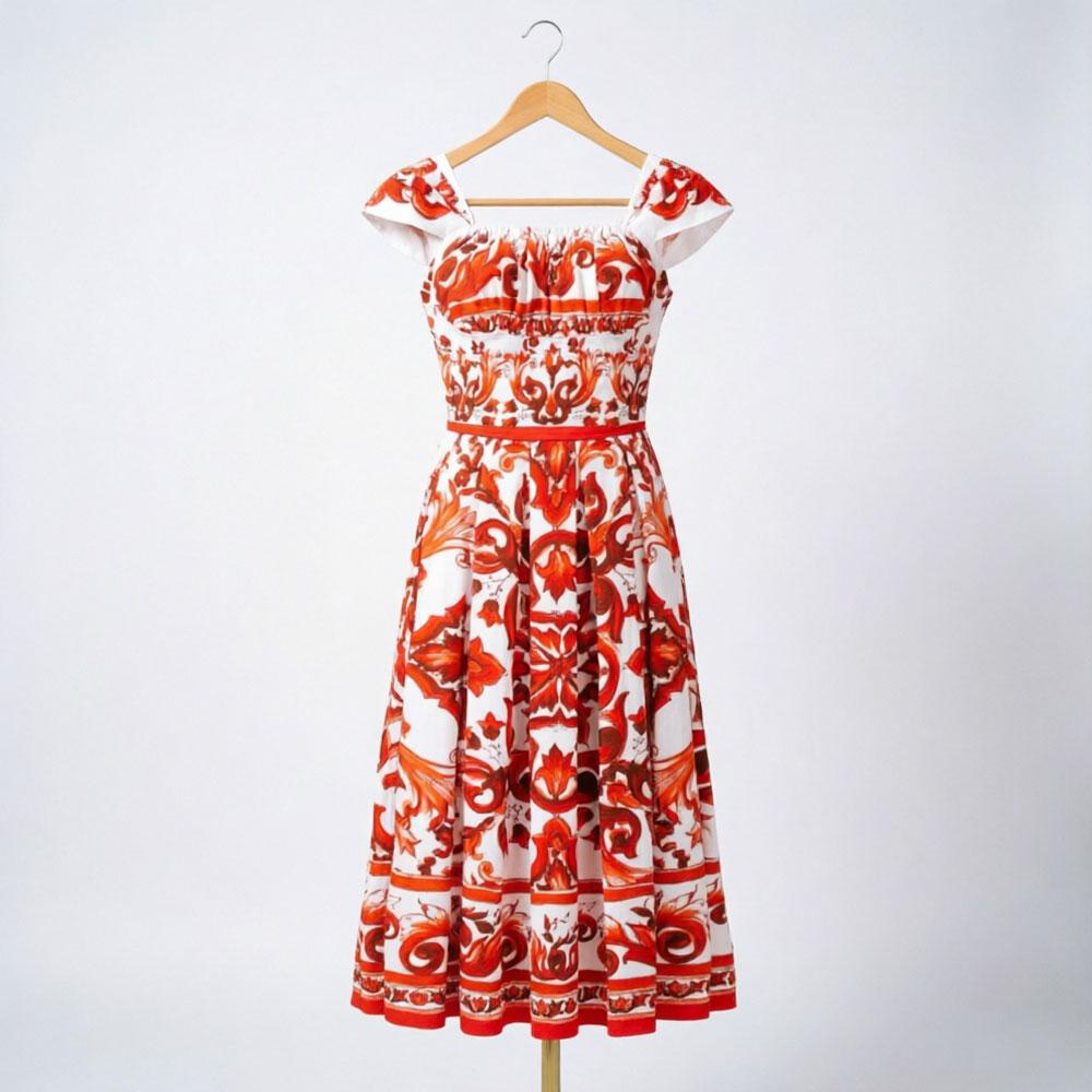 2026 New Summer Holiday Orange Flower Print Midi Dress Women's Square Neck Short Sleeve Backless A-Line Boho Dress