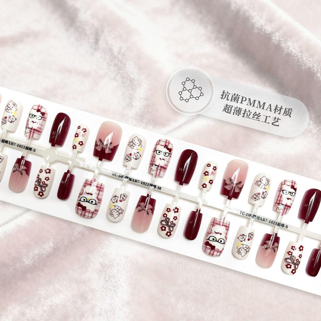 Chinese Style Cartoon Cherry Red Short Wearable Nails for New Year