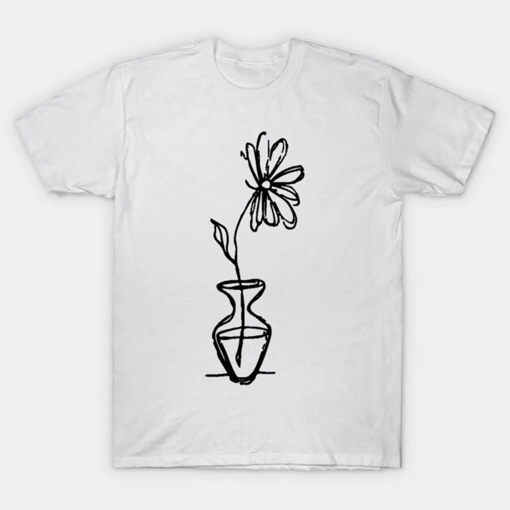 Flower In Vase Doodle Black T Shirt Vintage Soft Homme Stretched Versatile Breathable Fashion Graphic Unisex Casual