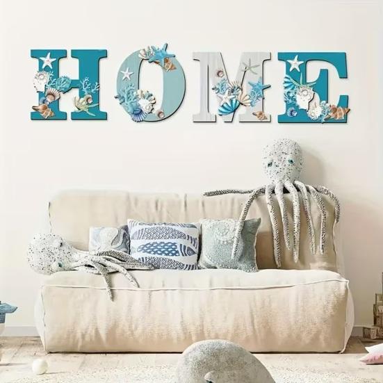 4 Pcs Rusic Wood Home Sign Beach Style HOME Cut Out Word Sign with Starfish Shell Coral Design Coastal Ocean Theme Wall Art for Living Room Bedroom