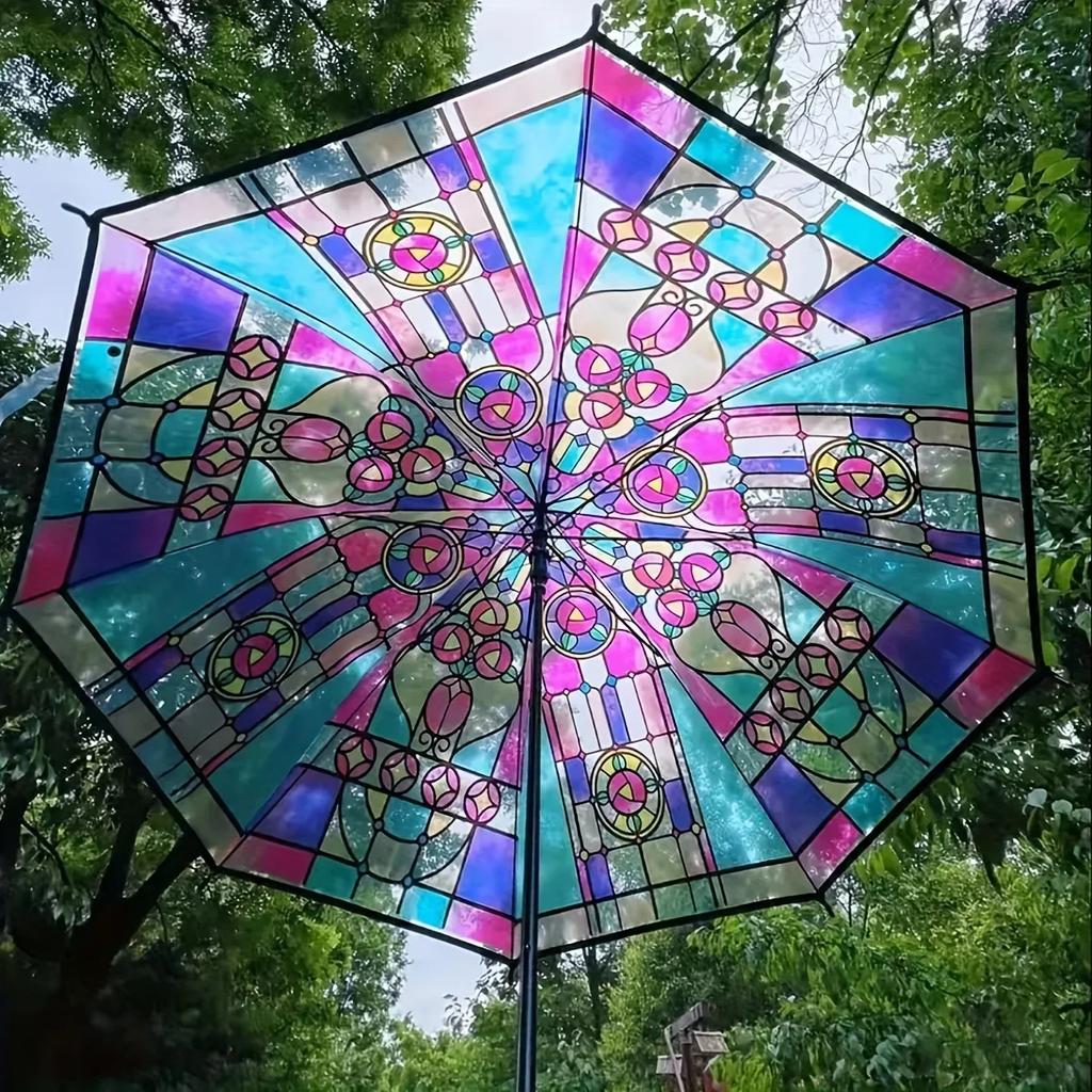 Parapluie transparent en forme d'arche de forêt tropicale britannique avec vitrail, parapluie transparent à long manche, automatique, grand, romantique et ensoleillé