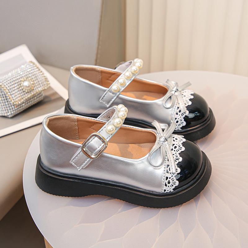Kids Silver Black Bow Pearl Lace Decor Mary Jane Shoes 26