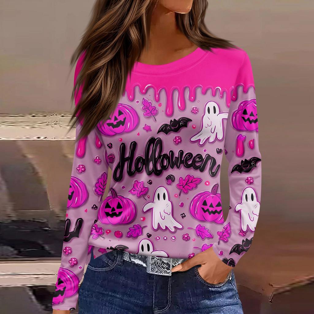 Women's Fashion Casual Slit Hem Round Neck Long Sleeve Loose Halloween Printed T-Shirt Ladies Top