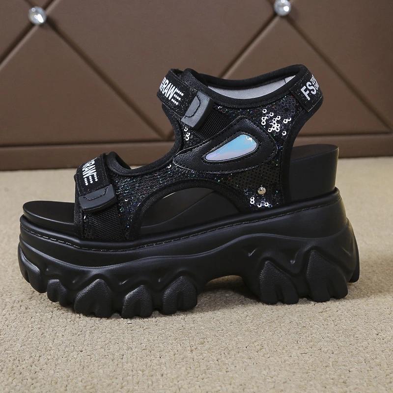 

Модные новые сандалии на платформе 10 см с пайетками и массивной подошвой, женские сандалии на танкетке и высоком каблуке, летние сандалии, женская обувь с открытым носком, повседневная спортивная обувь для дам 39