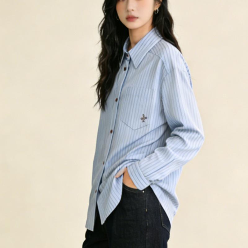 Korean Style Blue Striped Embroidered Long Sleeve Shirt for Women - Trendy Spring/Autumn Layering