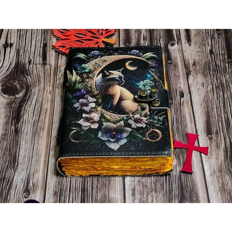 Leather journal Spell wizard Cat Book Blank Magik Notebook Book Of Shadows Wiccan Pagan grimoire book for Traveling Sketching best gift