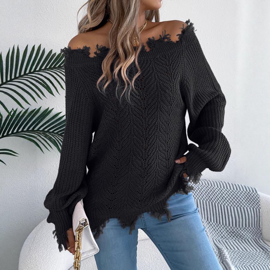 Autumn Winter Solid Color Hollow Long Sleeve Cutout Ruched Open Shoulder Cardigan Sweater Women's Clothing