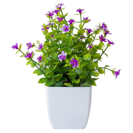 Compact Decorative Plant Artificial Eucalyptus Potted Plant, Lifelike Faux Greenery with Purple/White Flowers & Verdant Leaves, UV-Resistant