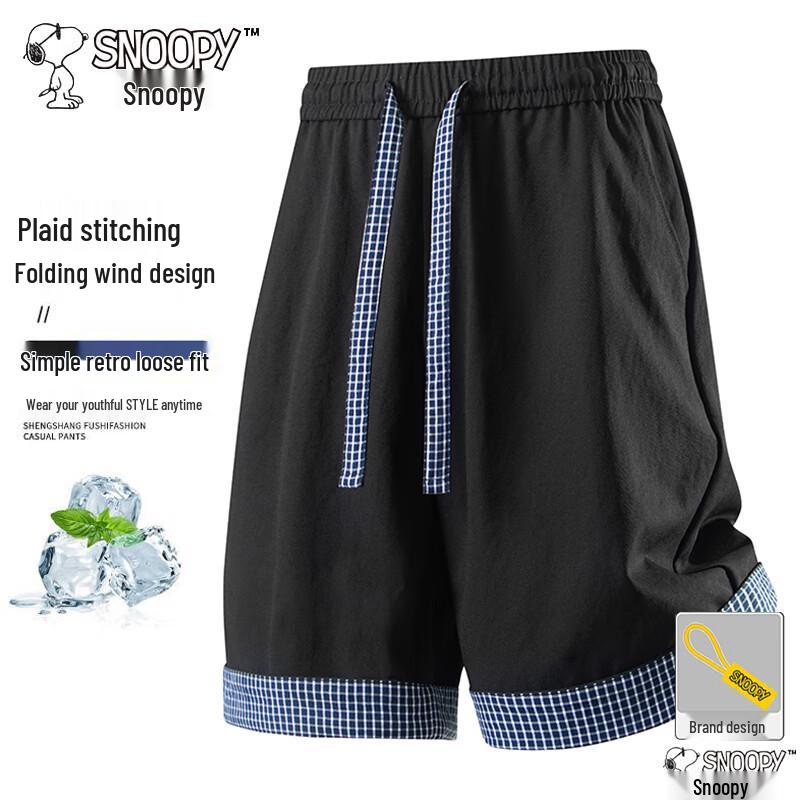 Snoopy Men s Summer Plaid Patchwork Casual Shorts XL чёрный