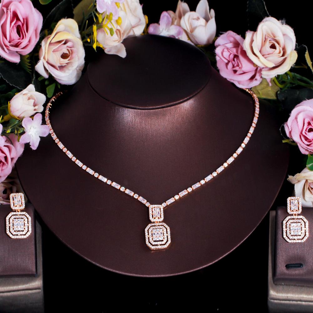 CMM Shiny Baguette Zirkonia Hochzeit Braut Party Halskette Ohrringe Mode Gold Farbe Schmuck Sets Zubehör