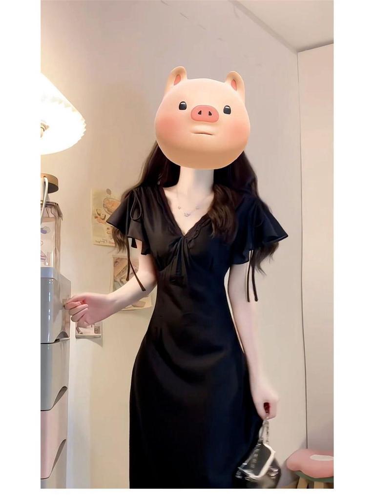 Hepburn Style Elegant Black V-Neck Slimming Long Dress for Women - Summer Gentle Temperament