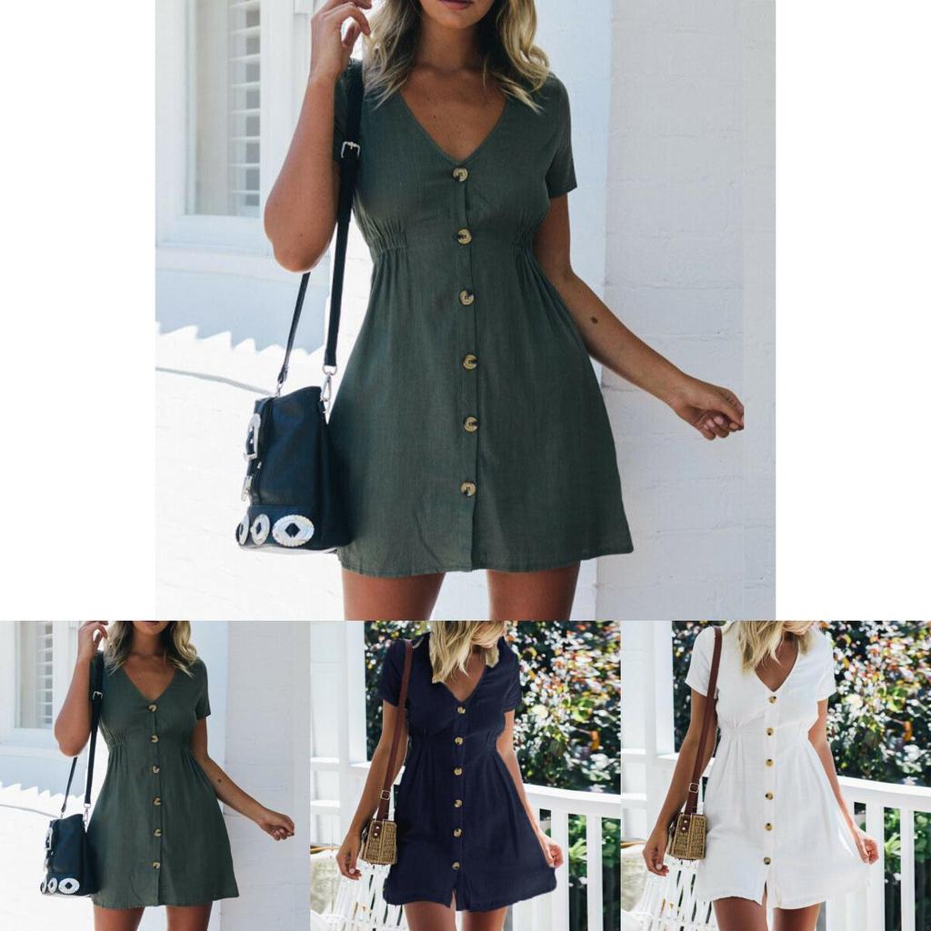 Stylish Women Button Down V Neck Mini Tea Dress In Soft Comfortable Fabric Perfect For Summer Days