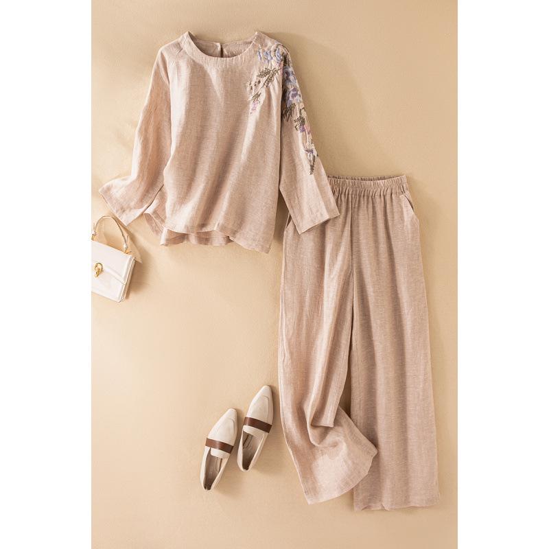 Spring 2026 Women s Loose Embroidered Pullover & Wide-Leg Pants Set - Artistic Cotton-Linen Blend XL