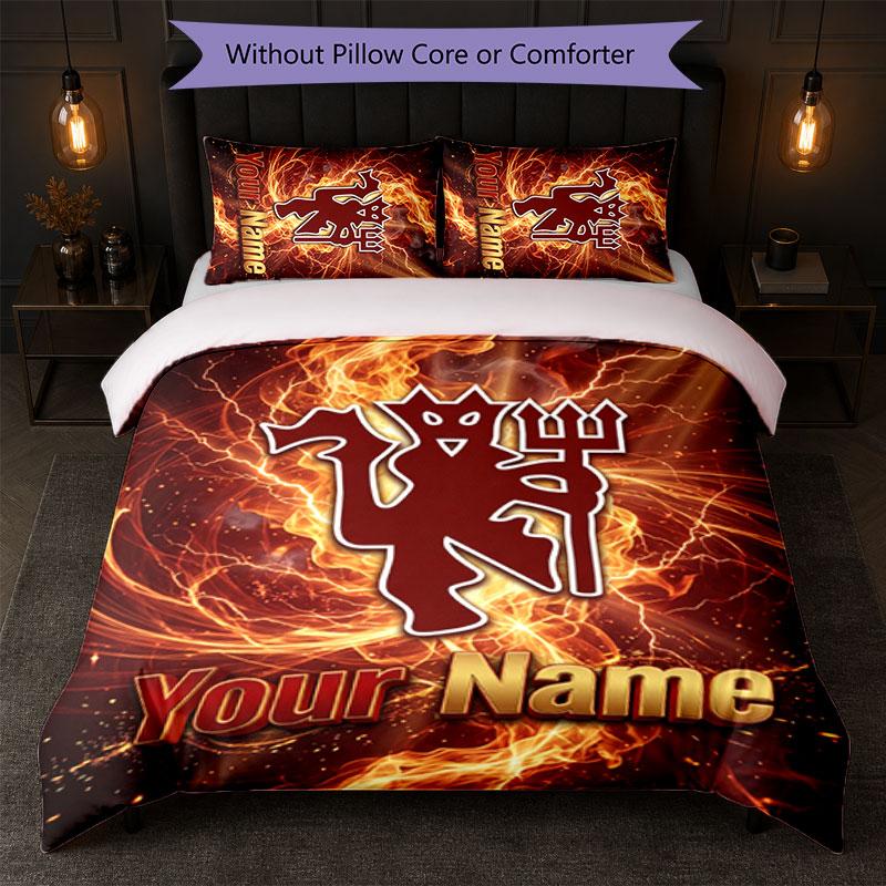 Juego de Ropa de Cama Personalizado Manchester United con Nombre y Texto 1 Funda Nórdica + 2 Fundas de Almohada Logo de Fútbol Regalo Personalizado para Ocasión Especial Decoración de Dormitorio