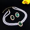 3 pieces of women's trendy double row pearl emerald earrings necklace jewelry set wedding banquet party holiday gifts