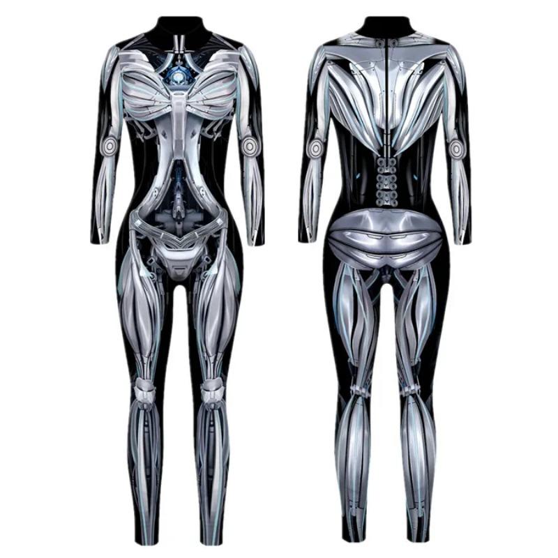 New Robot Armor 3D Digital Print Muscle Bones Tights Zentai Women's Halloween Party Cosplay Sexy Bodysuit 2024