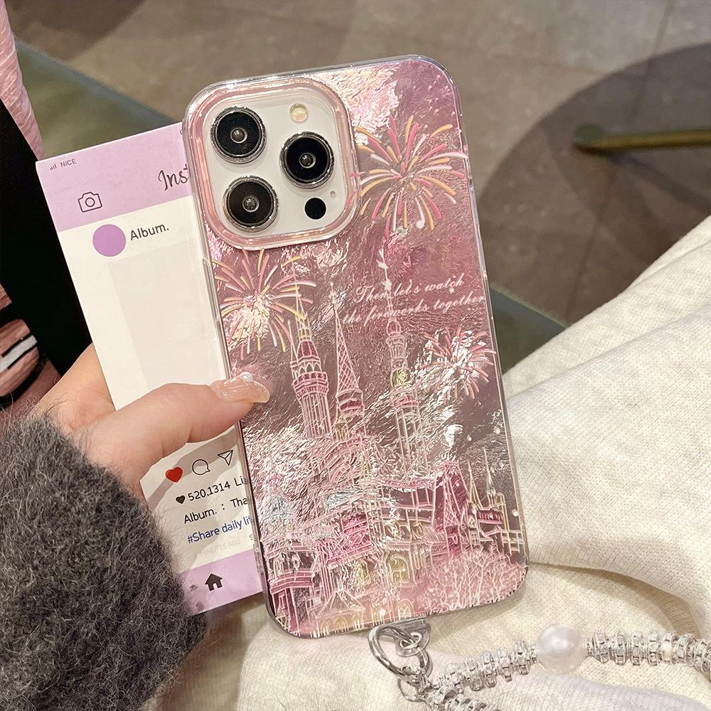 Firework Castle Suitable for IPhone16pro High End IMD Mobile Phone Case 15 Anti Fall Pearl Bracelet Protective Cover 13