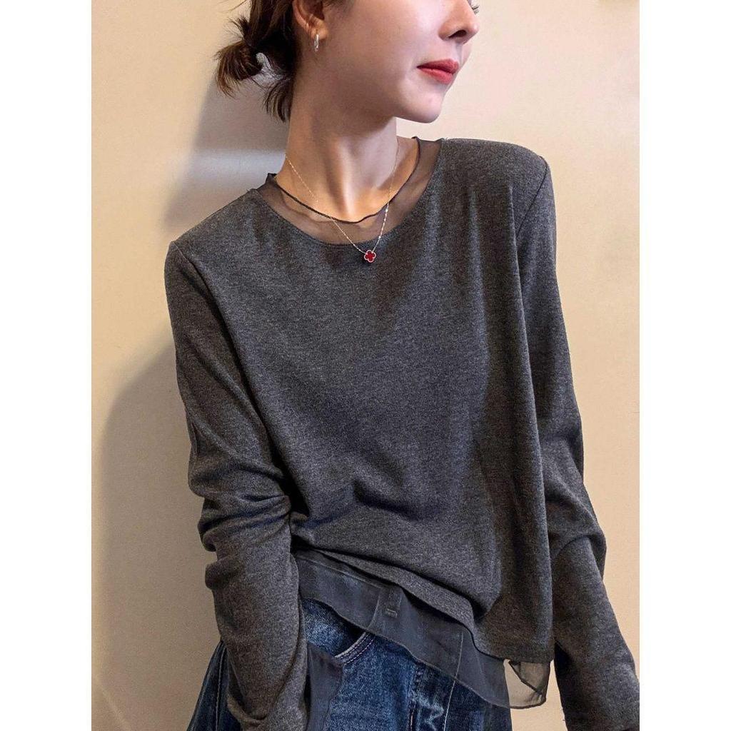 Plus Size Velvet Korean Style Long Sleeve Slimming Top for Women - Autumn/Winter Loose Mesh Patchwork Warm Top