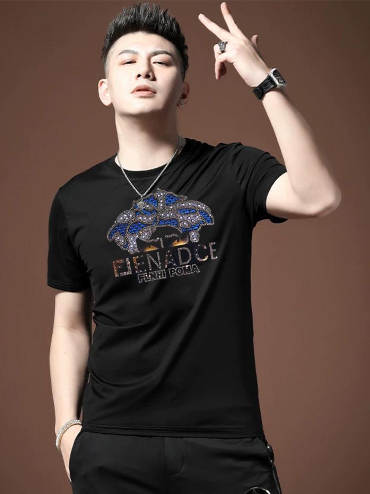 Men s Mercerized Cotton Rhinestone Short-Sleeve T-Shirt 4XL чёрный