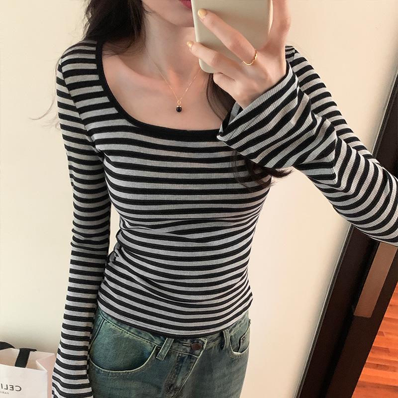 Korean Square Neck Flare Sleeve Slimming Retro Striped Long Sleeve Top for Women