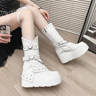 Petit Heightened Wedge Heel Boots Autumn New Round Toe Studded Metal Buckle Side Zipper Platform Non-Slip Mid-Tube Boots