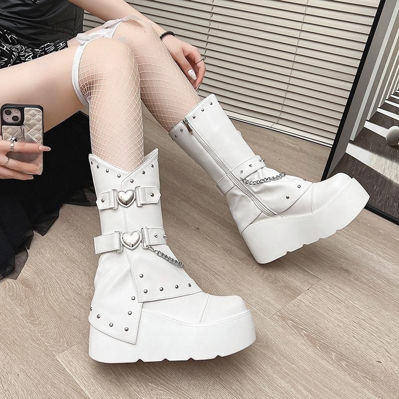 Petit Heightened Wedge Heel Boots Autumn New Round Toe Studded Metal Buckle Side Zipper Platform Non-Slip Mid-Tube Boots