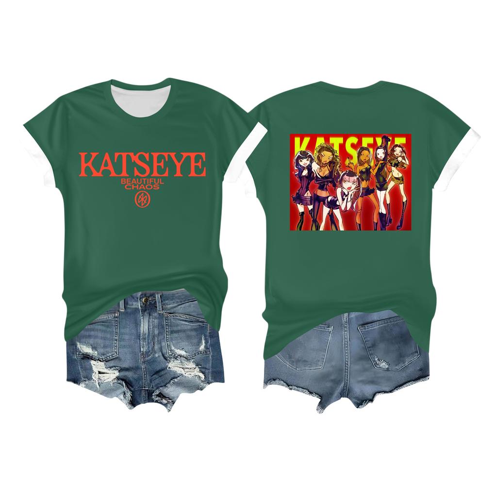 Kvinners avslappet trykket t-skjorte rund hals genser kort ermet topp