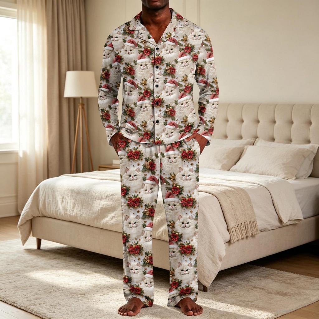 Men's Loose Fit Christmas Print Pajama Set with Button Down Top and Straight Leg Pants - Two Piece Holiday Sleepwear