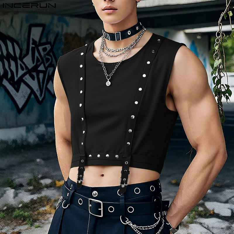 INCERUN Men O Neck Sleeveless Metal Button Patchwork Cropped Tank Tops