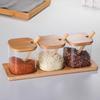Three-Piece Glass Seasoning Jar Set with Wooden Salt Shaker and Sugar Bowl - Creative Kitchenware