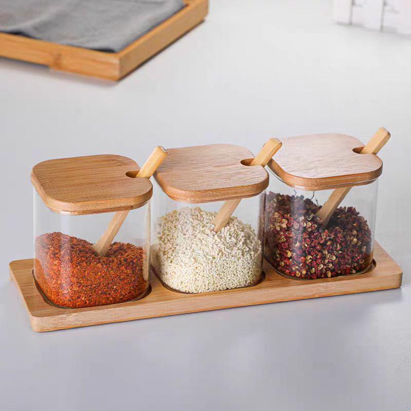 Three-Piece Glass Seasoning Jar Set with Wooden Salt Shaker and Sugar Bowl - Creative Kitchenware
