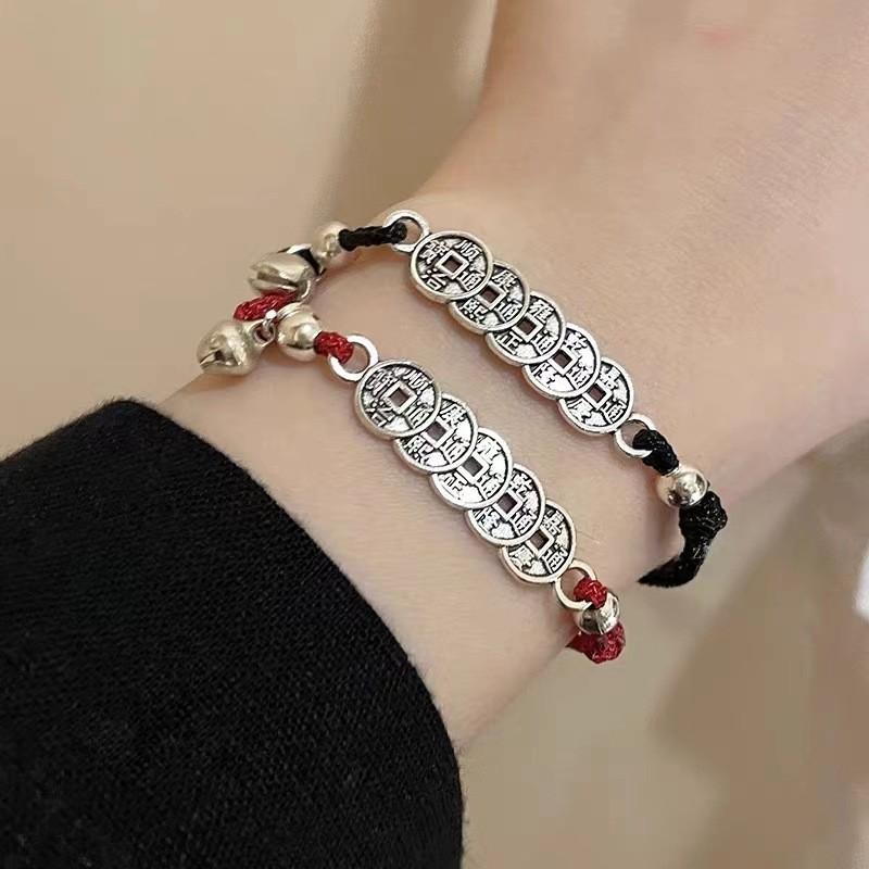 Chinese Red Stylish String Bracelet With Five Emperor Coins Plated Unisex Alloy