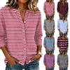 Women Striped Button Down Shirt 3/4 Sleeve Henley Neck Casual Loose Fit Cotton Linen Blouse