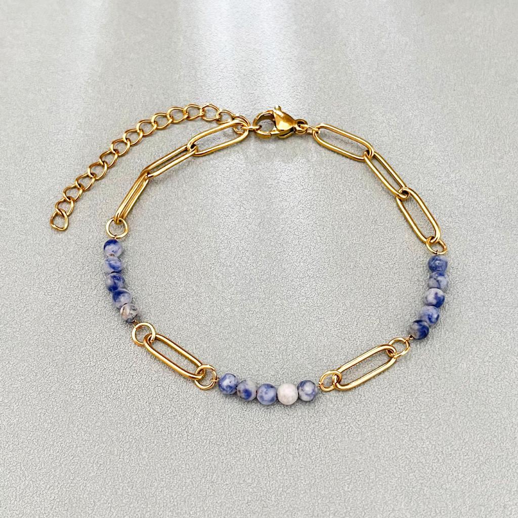 Elegant 18k Gold-Plated Stainless Steel Bracelet with Natural Stone Inlay - Trendy and Fade-Resistant for Women