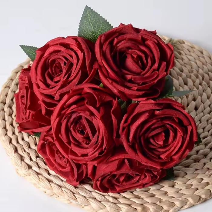 Artificial Flowers Roses 7 Pieces Ready-Made Rose Bouquet Flower Arrangement for Vase - Red