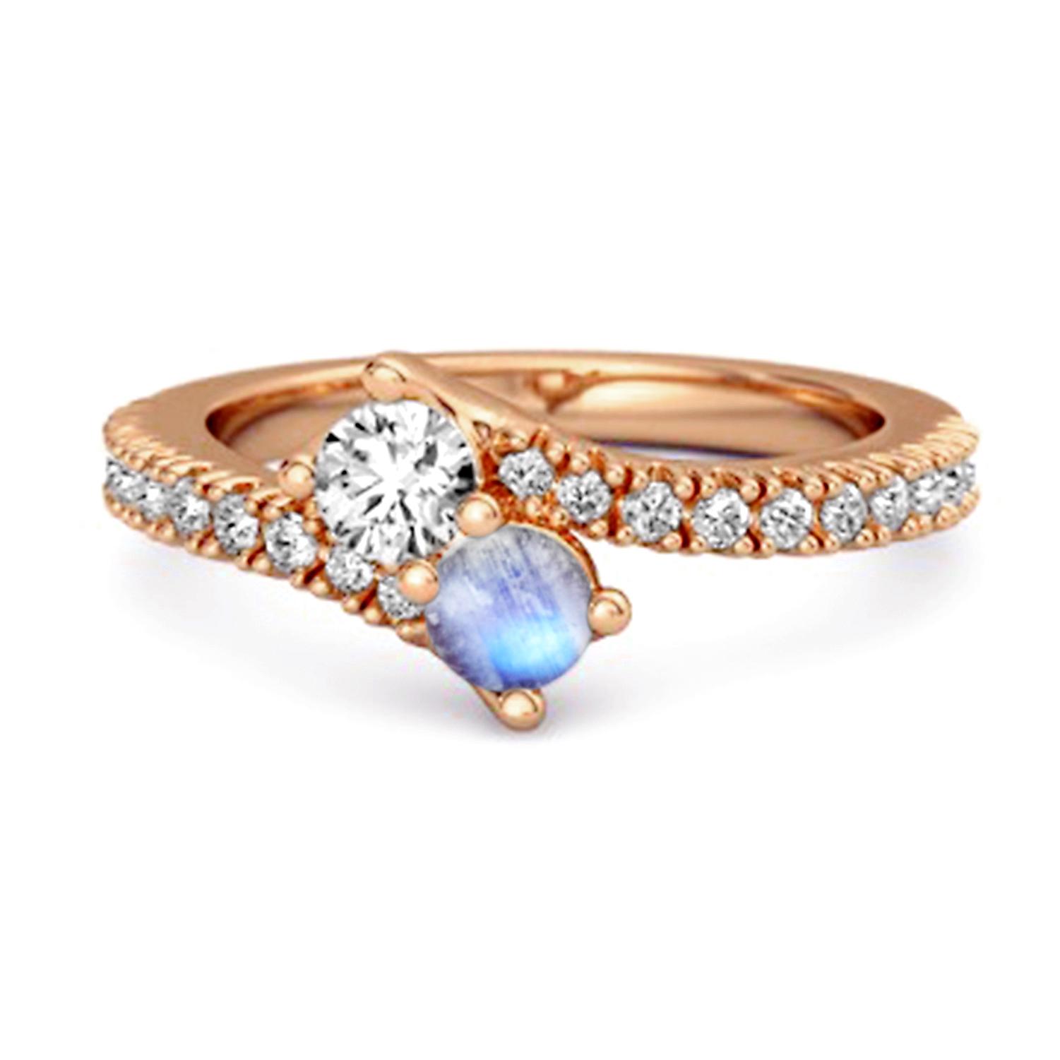 Moonstone Bypass Ring - 925 Sterling Silver Rose Gold Vermeil 11.5