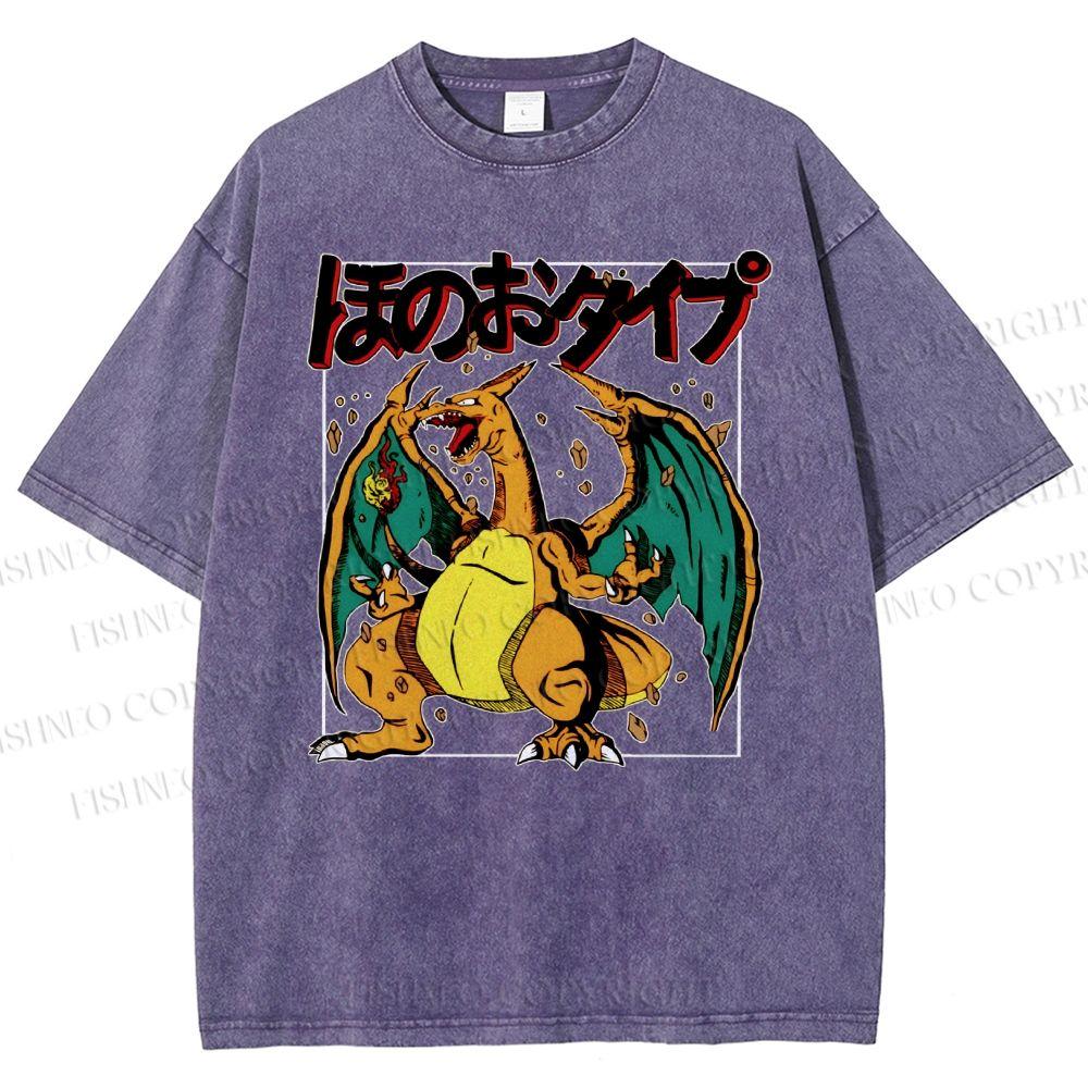 2026 Summer Charizard Pokemon Anime Men's T-shirt Vintage Washed Women Short Sleeve Tee Streetwear Oversized Casual Tops Unisex
