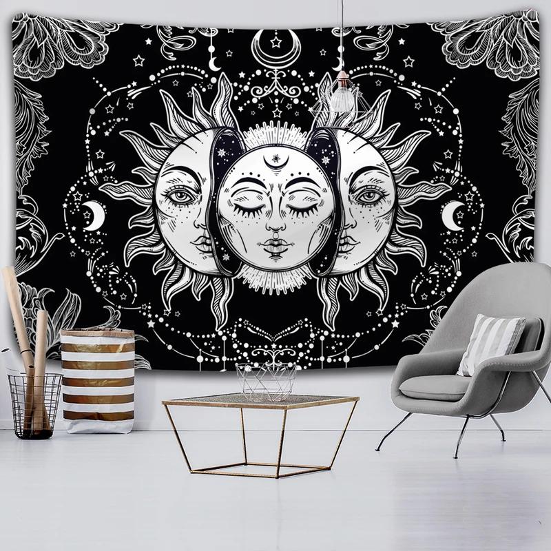 Black and White Sun and Moon Tapestry Mysterious Mandala Wall Hanging Meditation Room Psychedelic Witchcraft Decoration 100X70CM