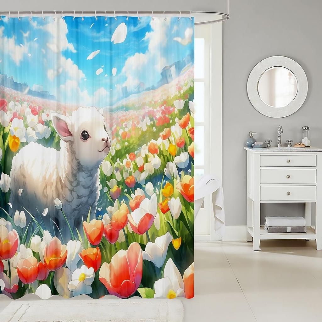 Cartoon Sheep Bath Curtain Cute Farm Animal Shower for Kids Boys Girls,Pink White Flower Floral Bathroom Curtain Botanical