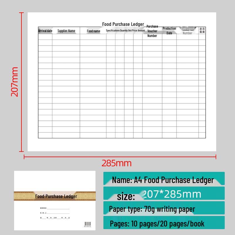 A4 Food Stock & Purchase Order Ledger, Hotel Kitchen Safety Inspection, Cleaning & Disinfection Record Book
