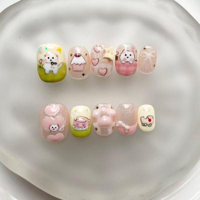 Hand-Painted Press-On Nails Short Square Cat Eye Design Cute Kawaii Style Wearable Nail Tips Women