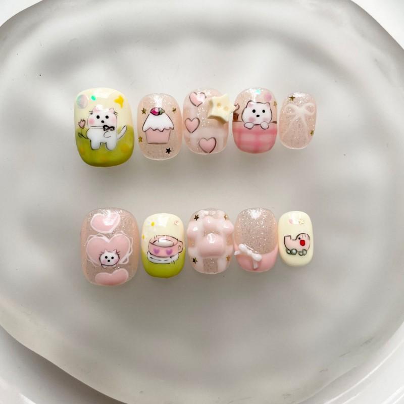 Hand-Painted Press-On Nails Short Square Cat Eye Design Cute Kawaii Style Wearable Nail Tips Women
