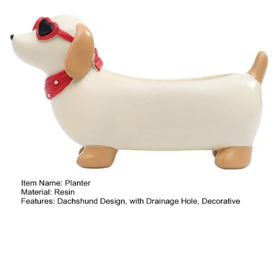 Resin Dachshund Planter, Decorative Small Plant Pot with Drainage Hole, Cute Puppy Planter for Succulents Small Indoor Plants