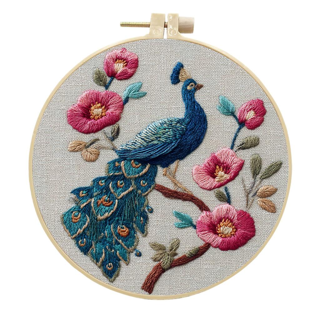 1 Stk. Pfau Blumenmuster Stickerei DIY Stoff Bastelset mit Werkzeugen