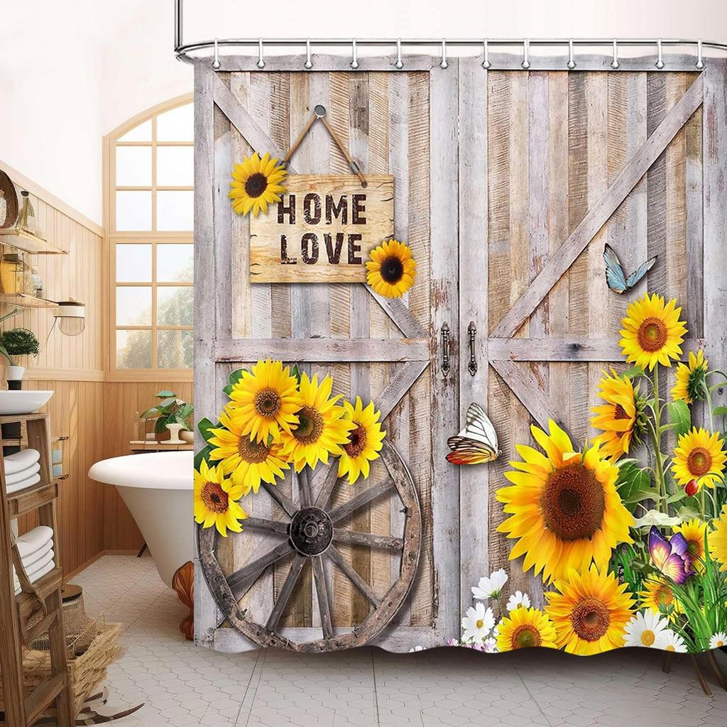 Rustic Spring Summer Sunflowers Butterfly Shower Curtain for Bathroom, Wooden Board Western Barn Door Farmhouse Bath Curtain, Fa