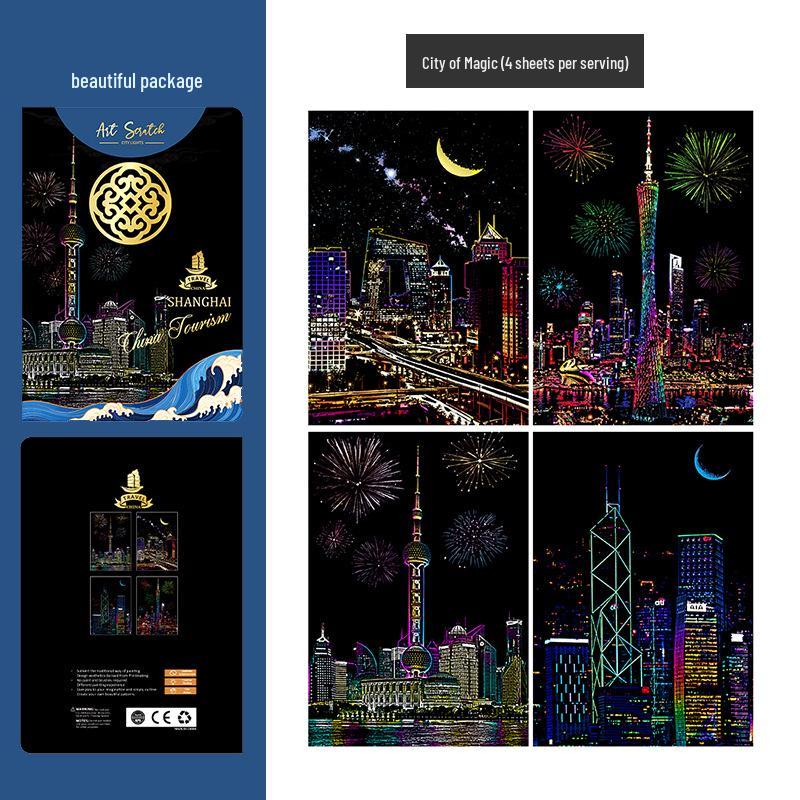 A5 Night View City Scenery DIY Scratch Painting for Kids - Eco-friendly Architecture Art Paper