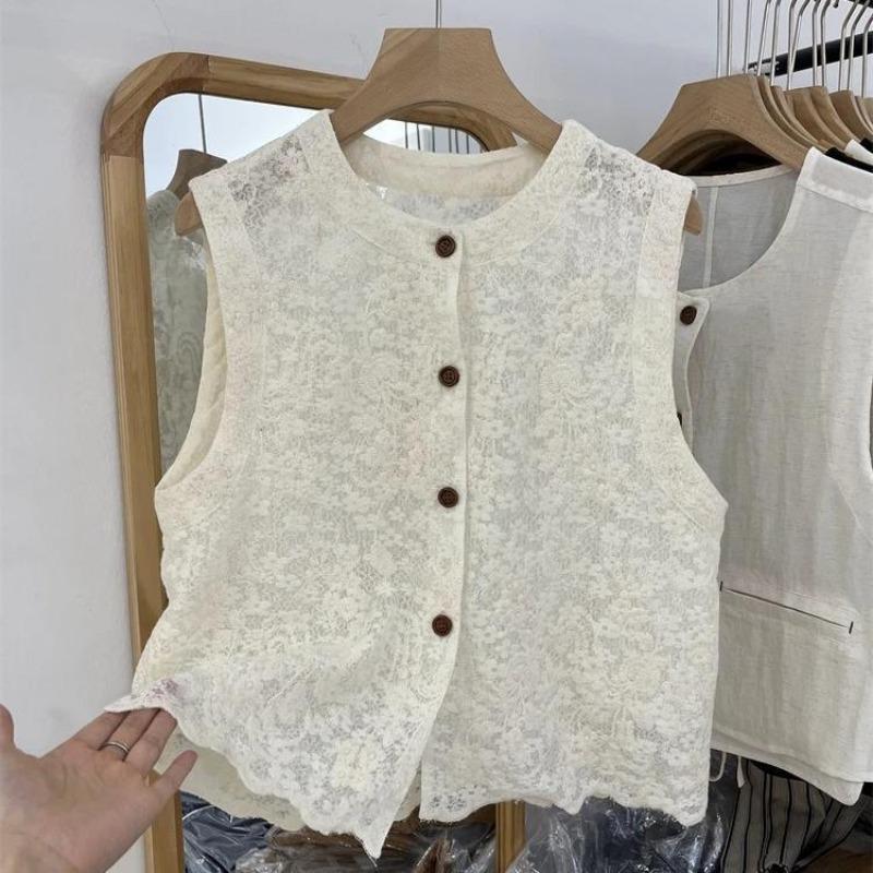Summer new sweet lace hollow sleeveless vest women's single-breasted loose temperament waistcoat cardigan top