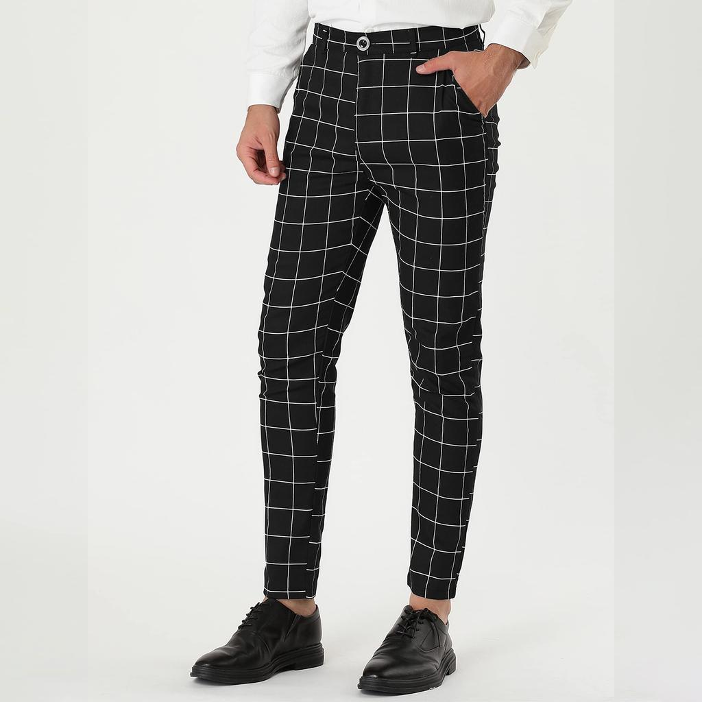 Men's Dress Plaid Slim Fit Flat Front Business Pants With Pockets