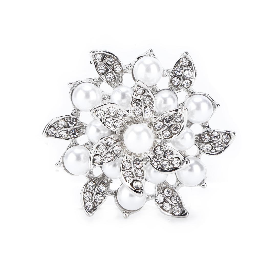 Brooch Diamond Flower Pearl Alloy Fashion for Exquisite Present Cloth DecorationsSilver